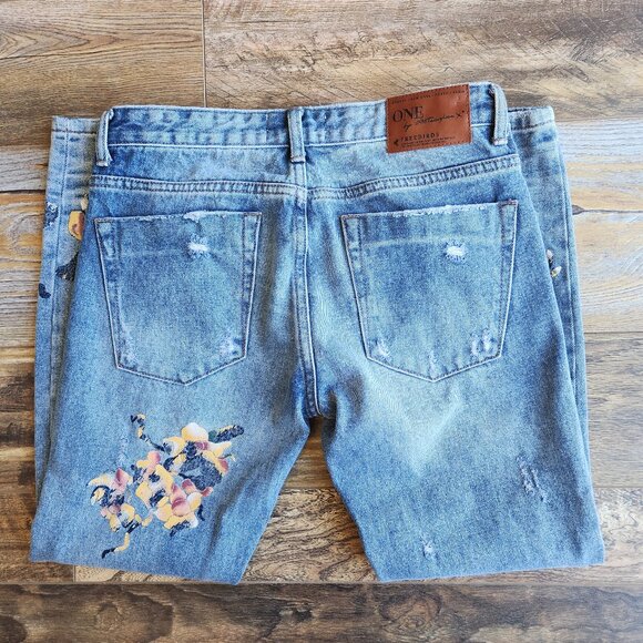 One x One Teaspoon Freebird Distressed Painted Rigid Skinny Jeans Ankle-Zip - Picture 7 of 13